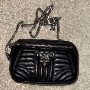Prada Black Quilted Leather Crossbody Bag with Silver Chain